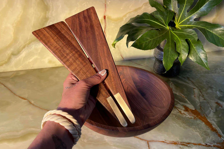Close view of wooden craftsmanship and grain on artisan kitchen tools